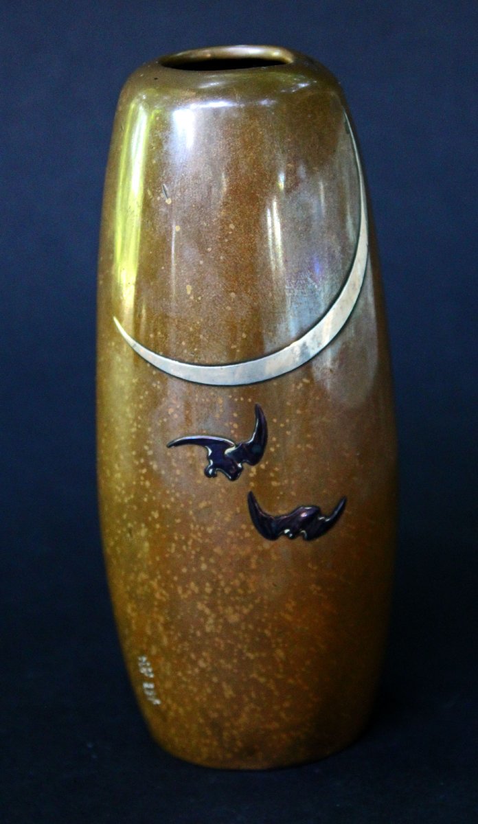 Antique Japanese Nogawa Mixed Metal Bronze Vase With Silver Inlay & Bats, Meiji-taisho Period
