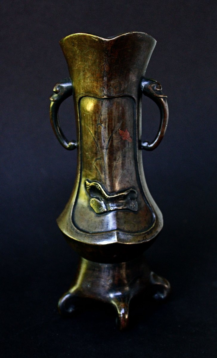 Antique Japanese Bronze Mixed Metal Landscape Vase, Meiji Period-photo-2