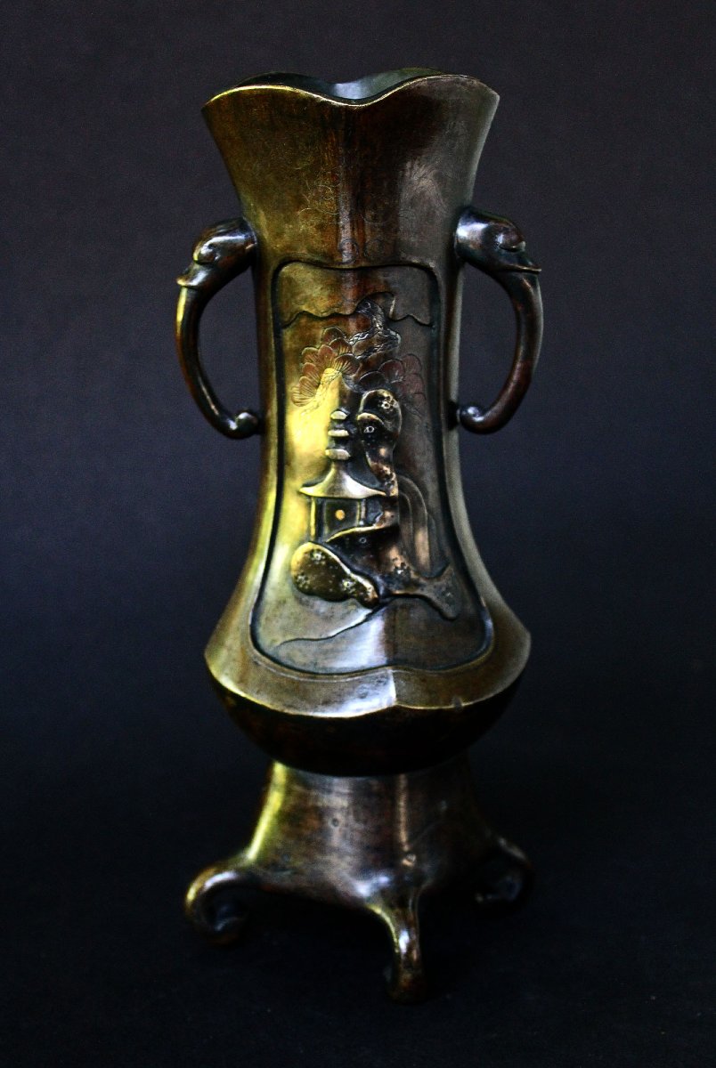 Antique Japanese Bronze Mixed Metal Landscape Vase, Meiji Period-photo-3
