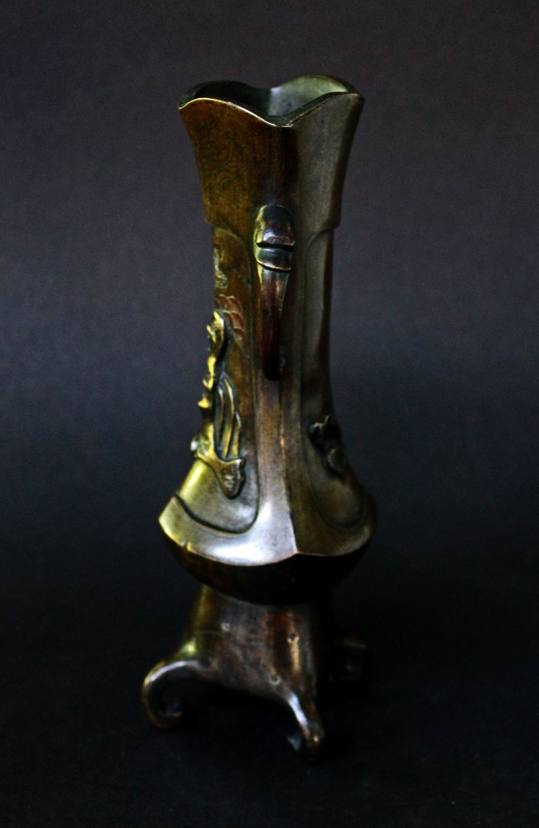 Antique Japanese Bronze Mixed Metal Landscape Vase, Meiji Period-photo-4