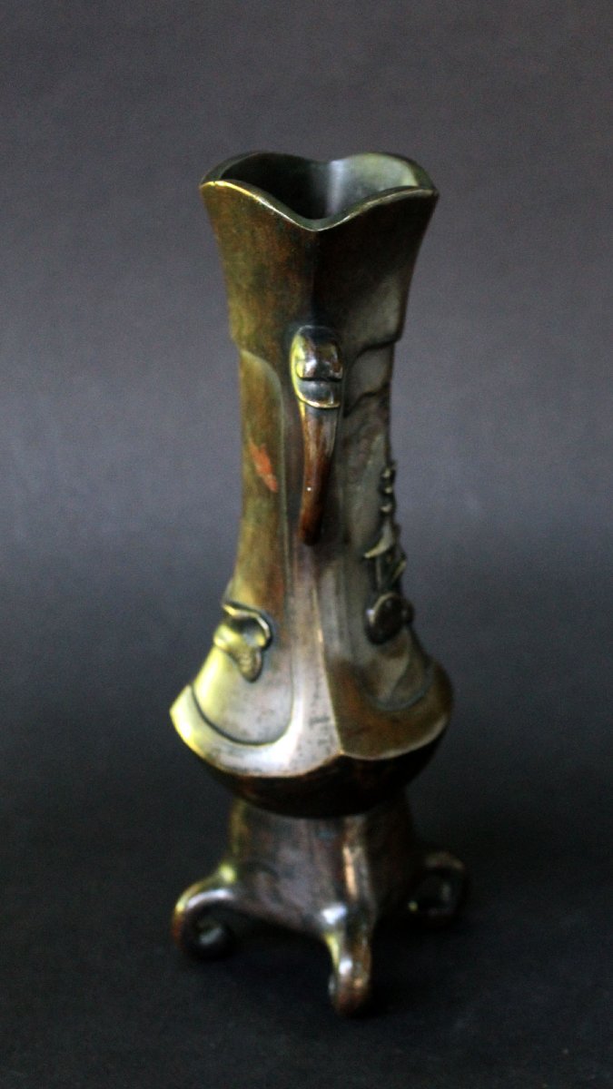 Antique Japanese Bronze Mixed Metal Landscape Vase, Meiji Period-photo-1