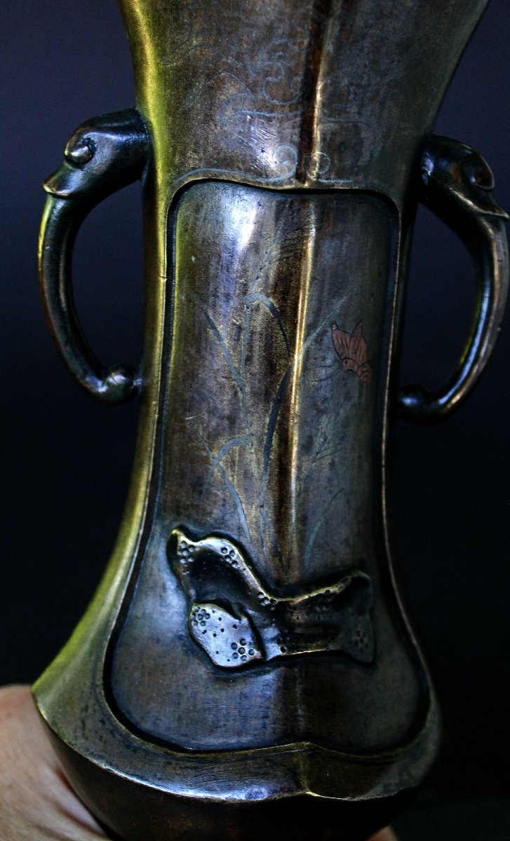 Antique Japanese Bronze Mixed Metal Landscape Vase, Meiji Period-photo-2
