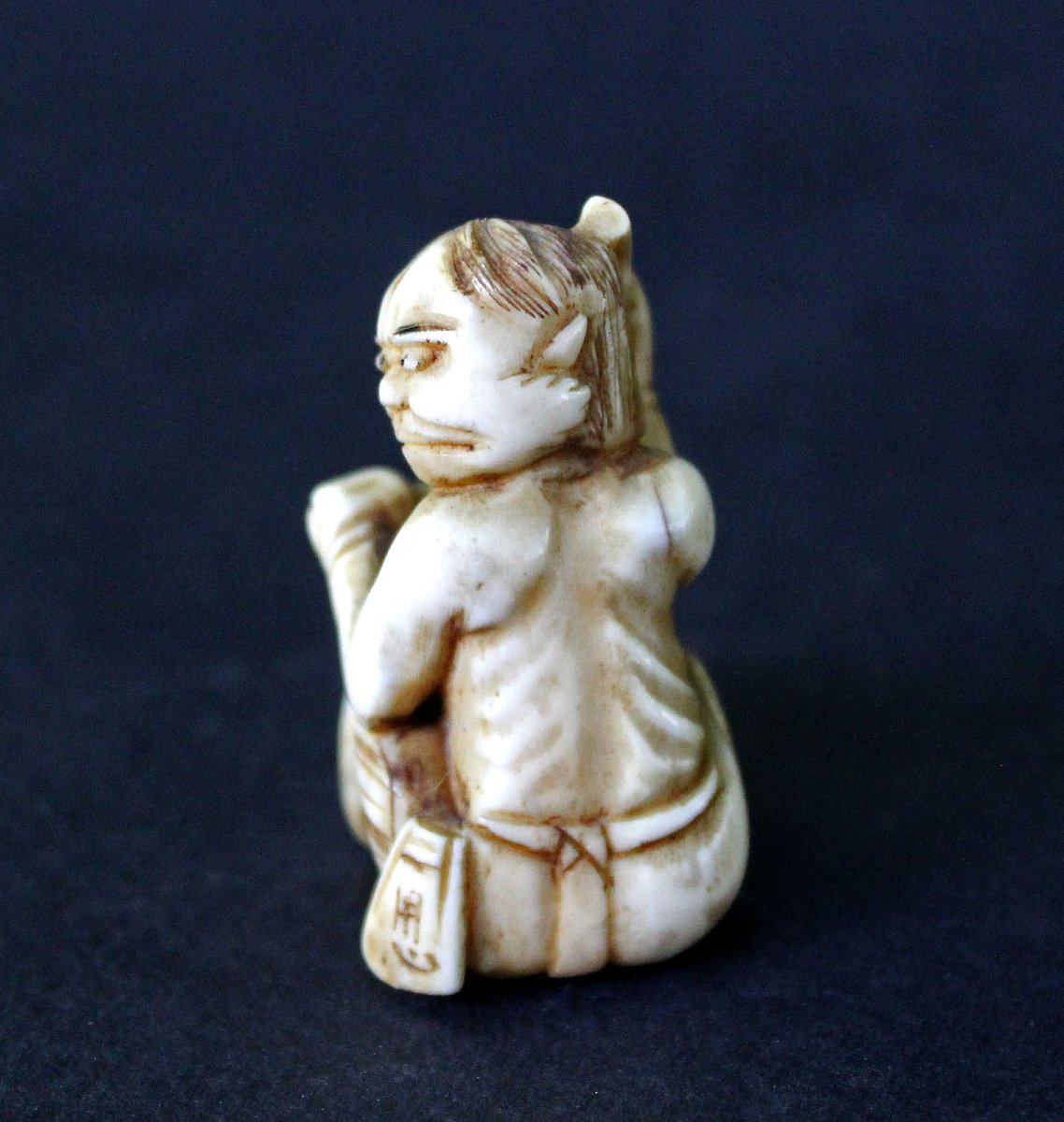 Antique Japanese Netsuke  Oni Playing A Drum, Signed Ozan, Meiji-photo-4