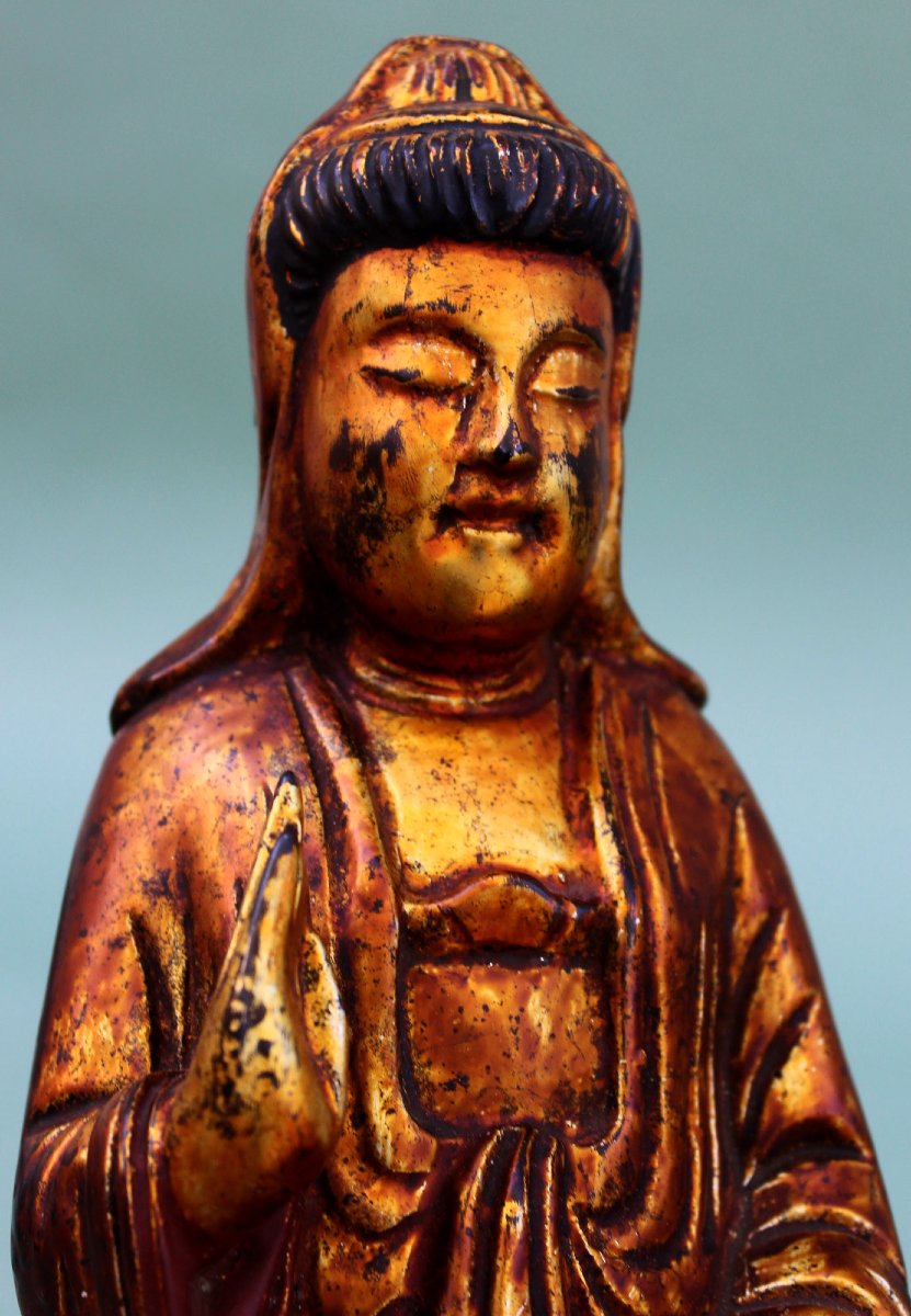 Antique Vietnamese Gilt Lacquer Quan âm (guanyin) Figure, Nguyễn Dynasty, C19th-photo-2