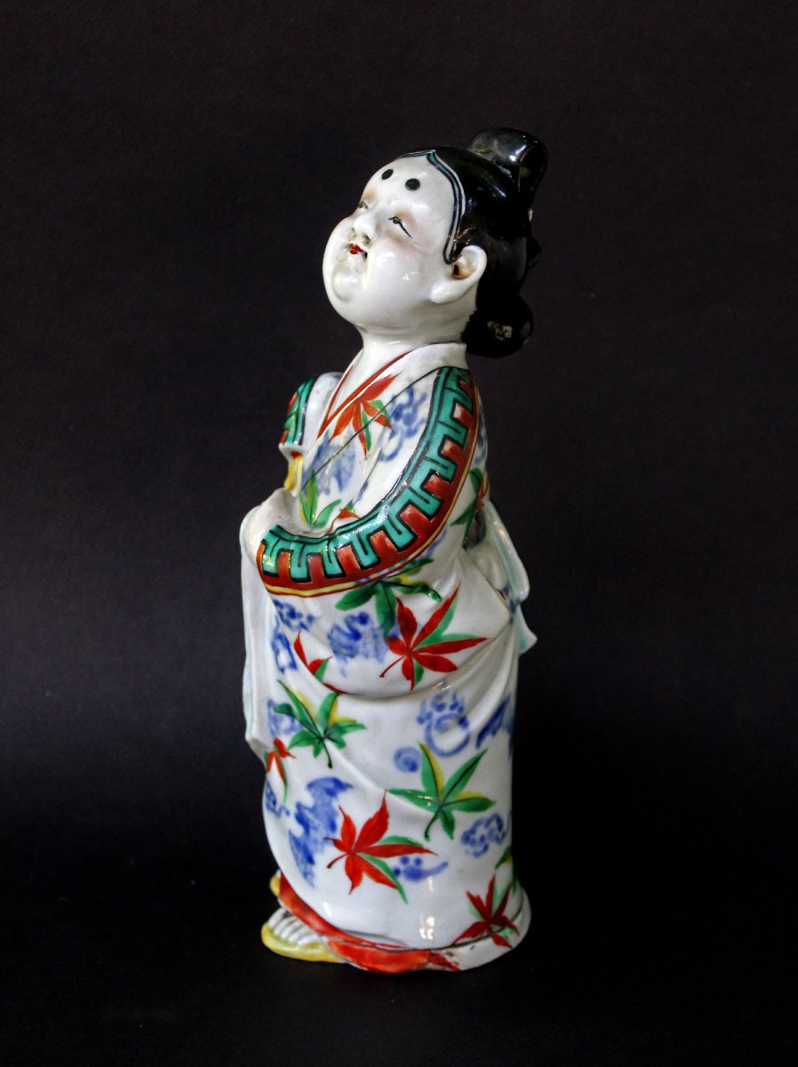 Figure de Bijin Japonaise Ancienne En Porcelaine Avec Éventail, Rare Décor Bleu Sous Couverte, -photo-2