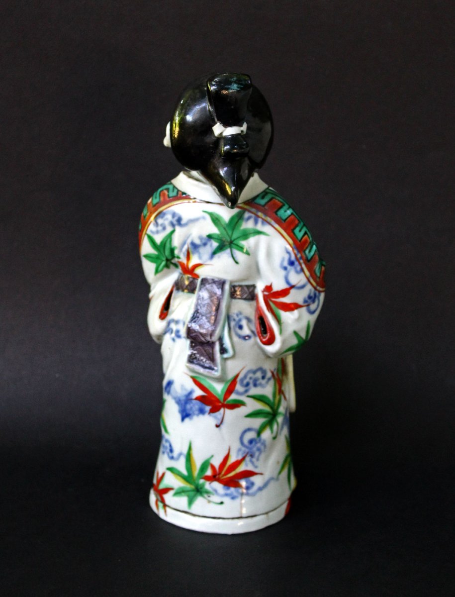 Figure de Bijin Japonaise Ancienne En Porcelaine Avec Éventail, Rare Décor Bleu Sous Couverte, -photo-3