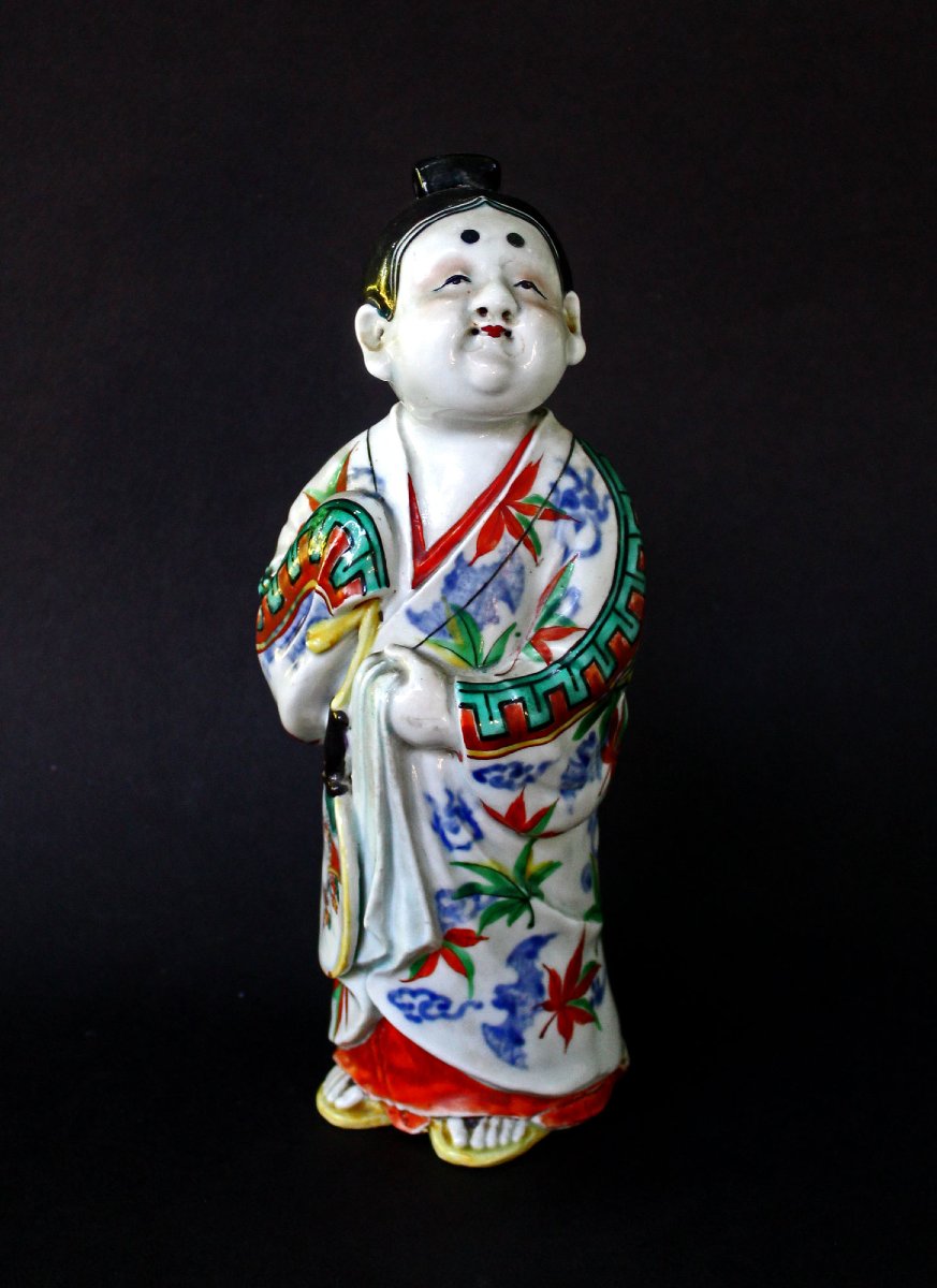Figure de Bijin Japonaise Ancienne En Porcelaine Avec Éventail, Rare Décor Bleu Sous Couverte, 