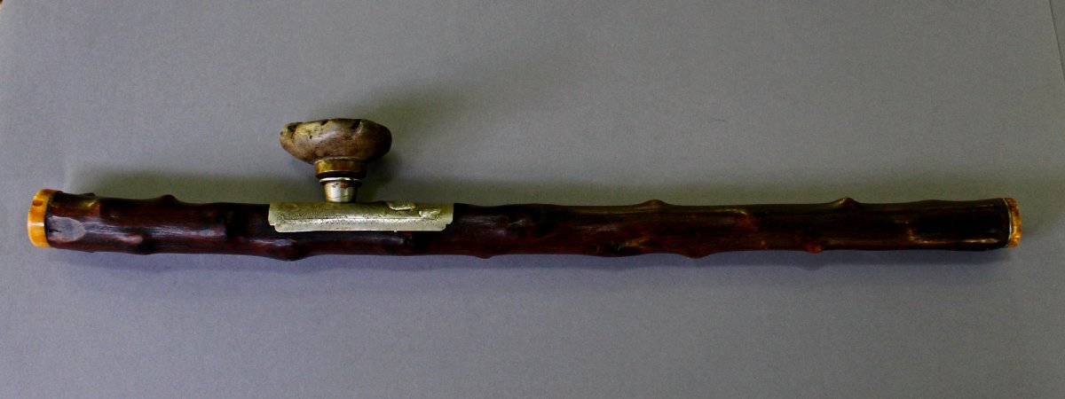 Ancienne Pipe à Opium Chinoise en Bambou, Selle en Paktong et Fourneau Budai-photo-2