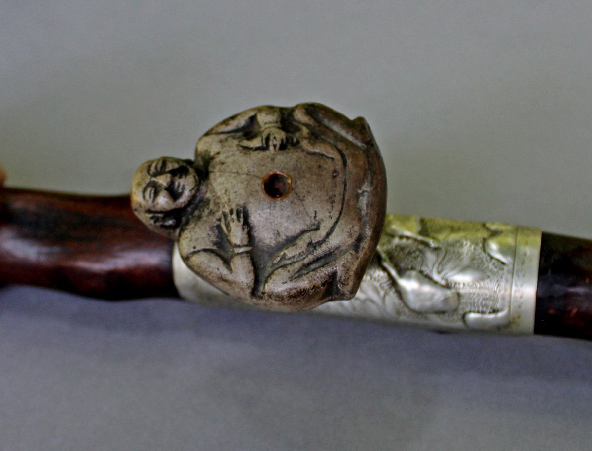 Ancienne Pipe à Opium Chinoise en Bambou, Selle en Paktong et Fourneau Budai-photo-3