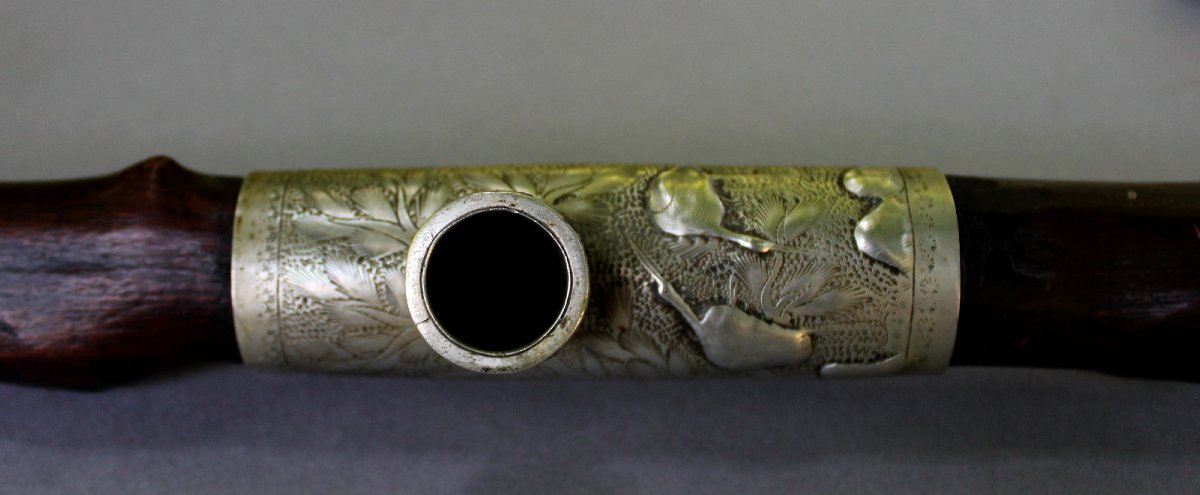 Ancienne Pipe à Opium Chinoise en Bambou, Selle en Paktong et Fourneau Budai-photo-4