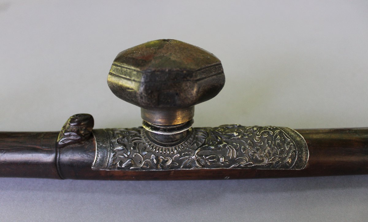 Antique Chinese Hardwood Opium Pipe With Silver Saddle, Ivory Mounts & Sealed Bowl, C19th-photo-3