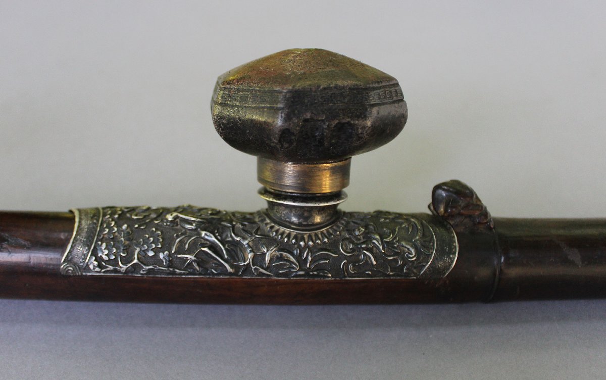 Antique Chinese Hardwood Opium Pipe With Silver Saddle, Ivory Mounts & Sealed Bowl, C19th-photo-4