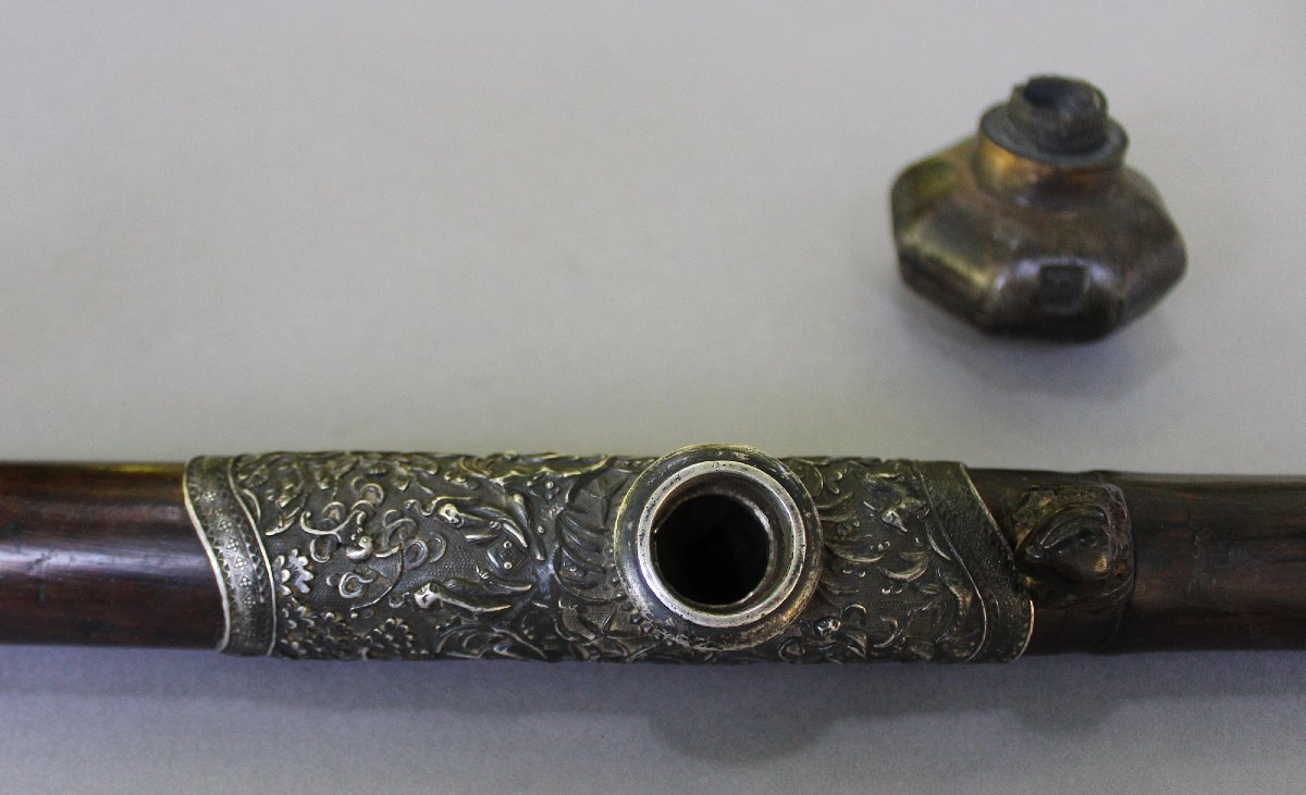 Antique Chinese Hardwood Opium Pipe With Silver Saddle, Ivory Mounts & Sealed Bowl, C19th-photo-1