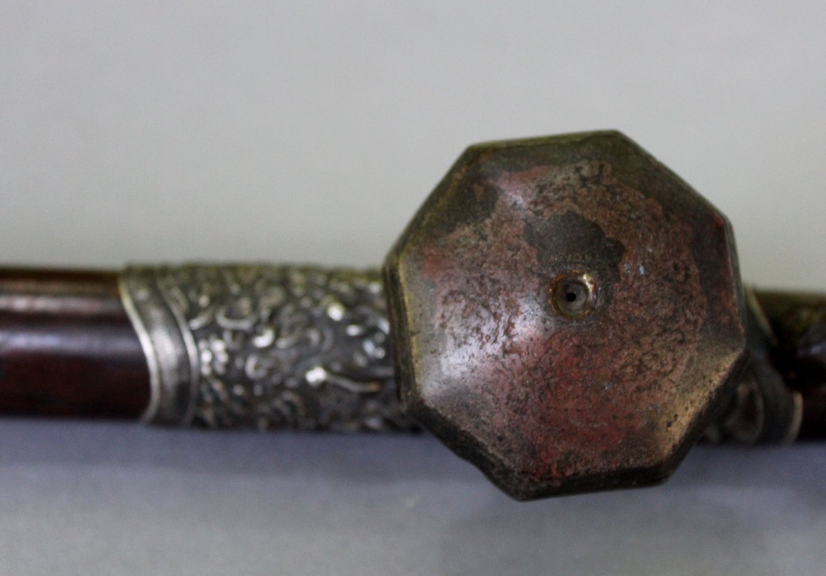 Antique Chinese Hardwood Opium Pipe With Silver Saddle, Ivory Mounts & Sealed Bowl, C19th-photo-4