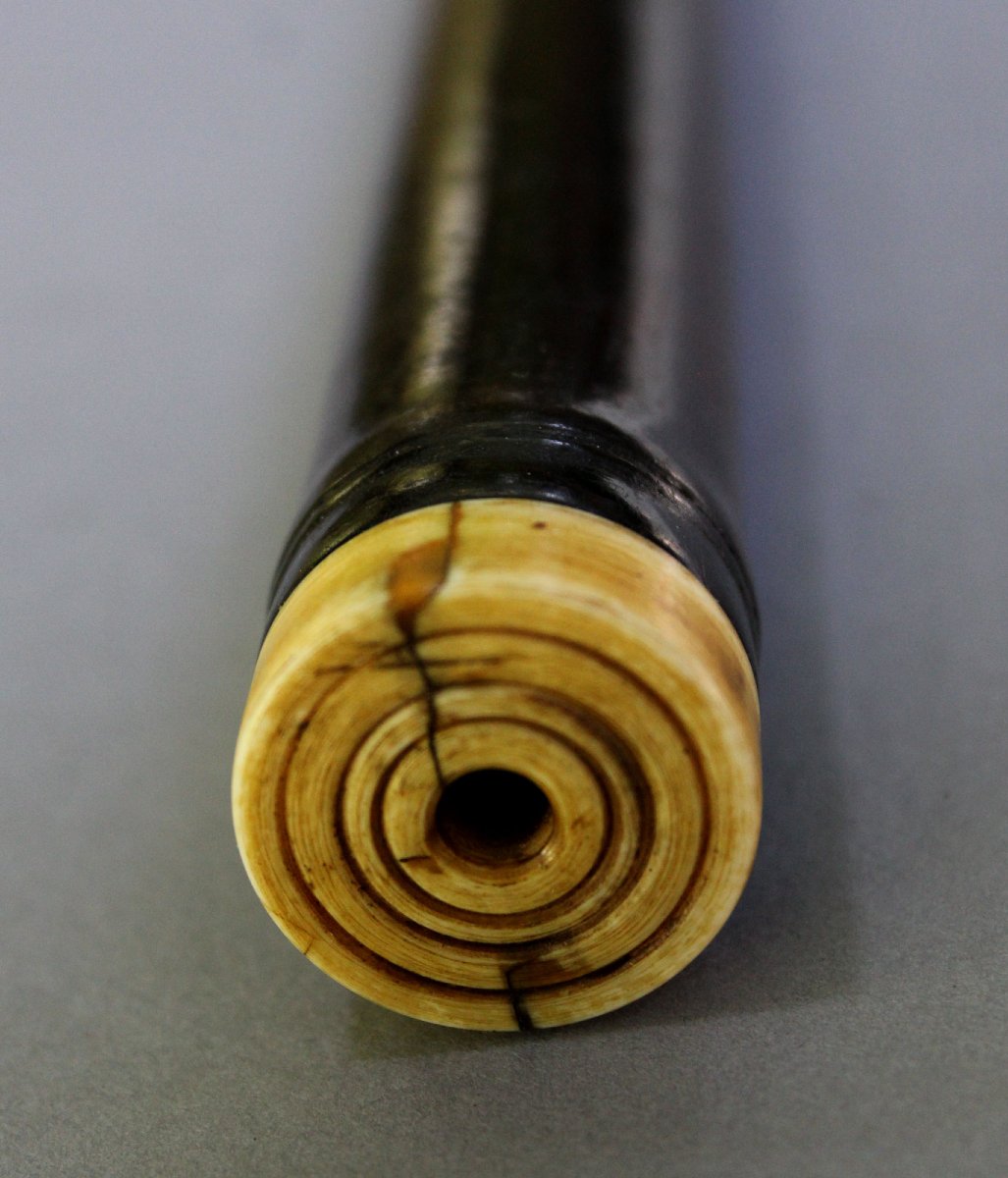 Antique Chinese Hardwood Opium Pipe With Silver Saddle, Ivory Mounts & Sealed Bowl, C19th-photo-5