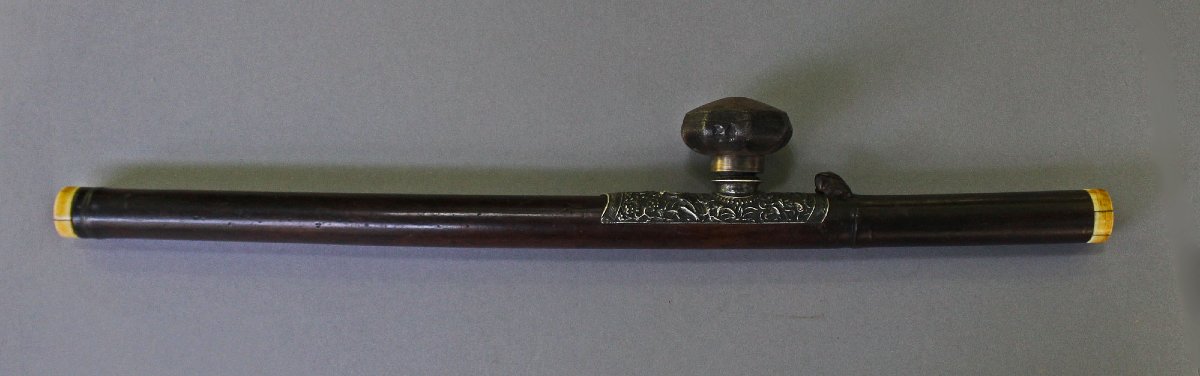 Antique Chinese Hardwood Opium Pipe With Silver Saddle, Ivory Mounts & Sealed Bowl, C19th