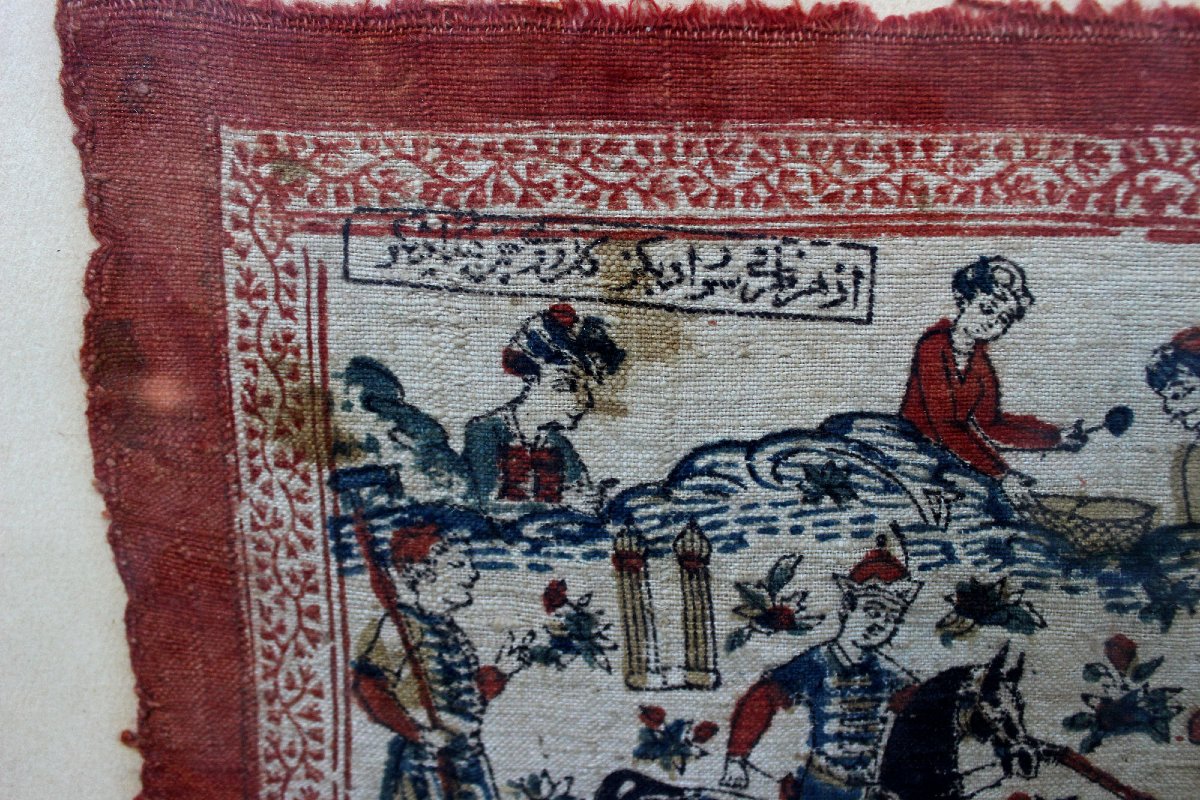 Ancien Textile Persan de Style Qalamkar Représentant Une Partie de Polo (Chowgan) Époque Qadjar-photo-2