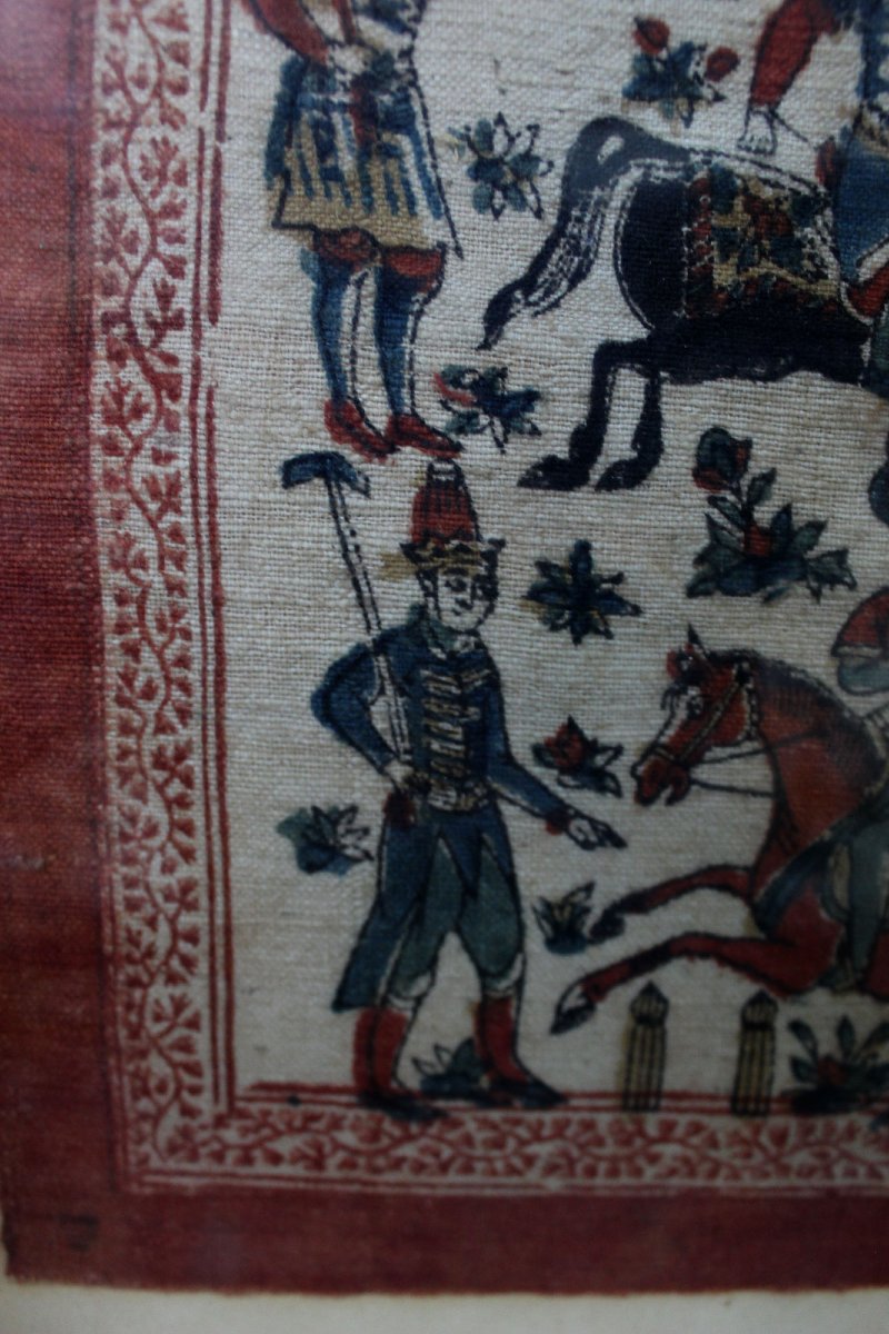 Ancien Textile Persan de Style Qalamkar Représentant Une Partie de Polo (Chowgan) Époque Qadjar-photo-2
