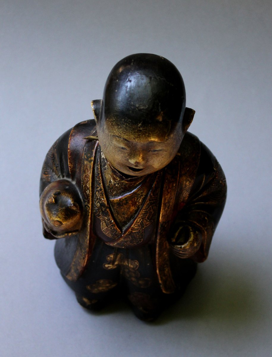 Antique Japanese Saga Ningyō Doll, Karako With Puppy, Kyoto, Early Edo, C17th-photo-8
