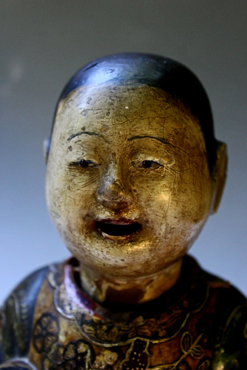 Antique Japanese Saga Ningyō Doll With Karako Holding Puppy, Kyoto, Early Edo, C17th, 24cm-photo-1