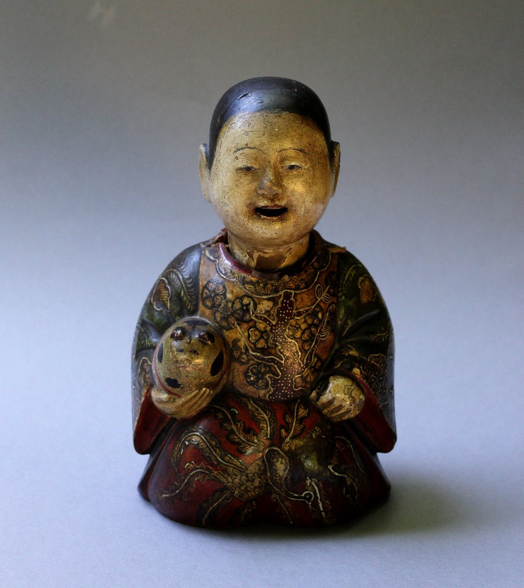 Antique Japanese Saga Ningyō Doll With Karako Holding Puppy, Kyoto, Early Edo, C17th, 24cm