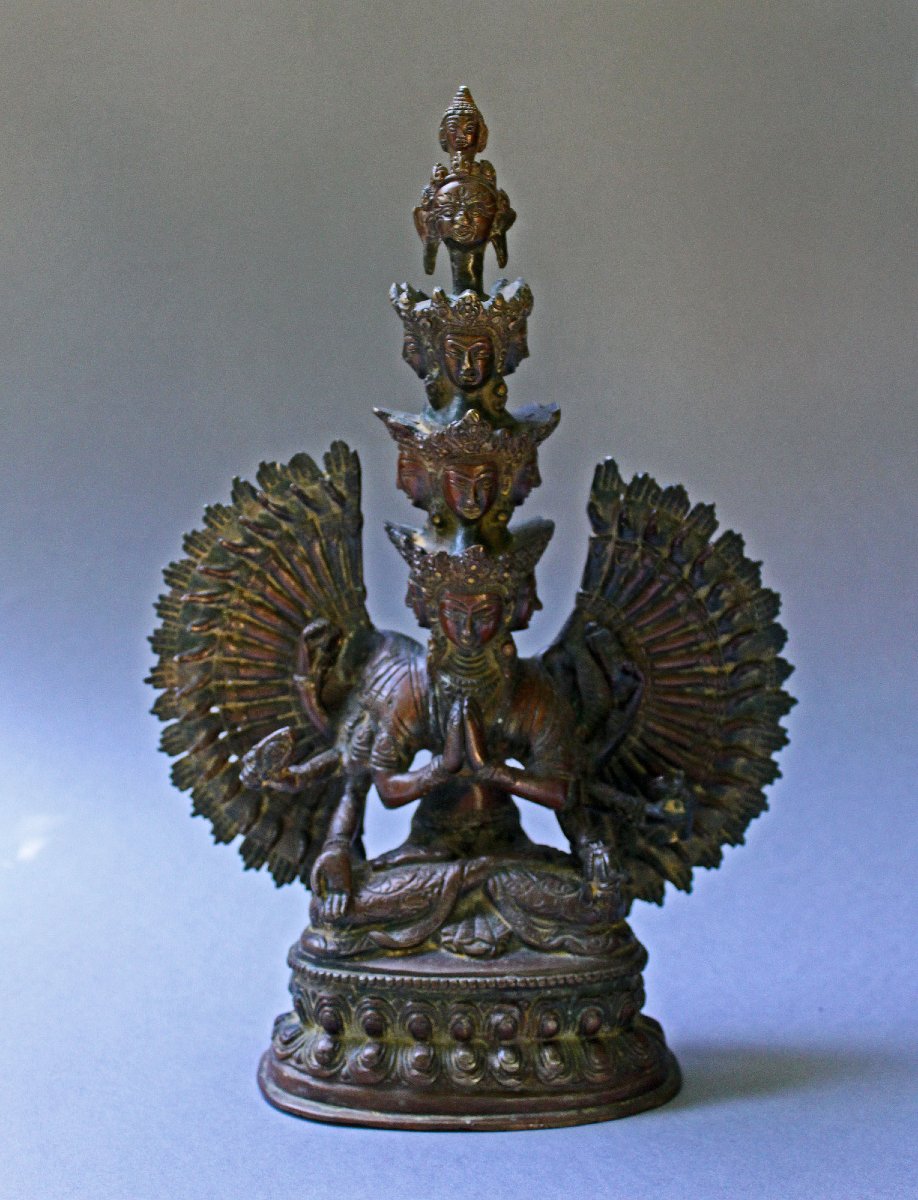 Bronze Népalais Ancien, Avalokiteshvara à Onze Têtes et Mille Bras