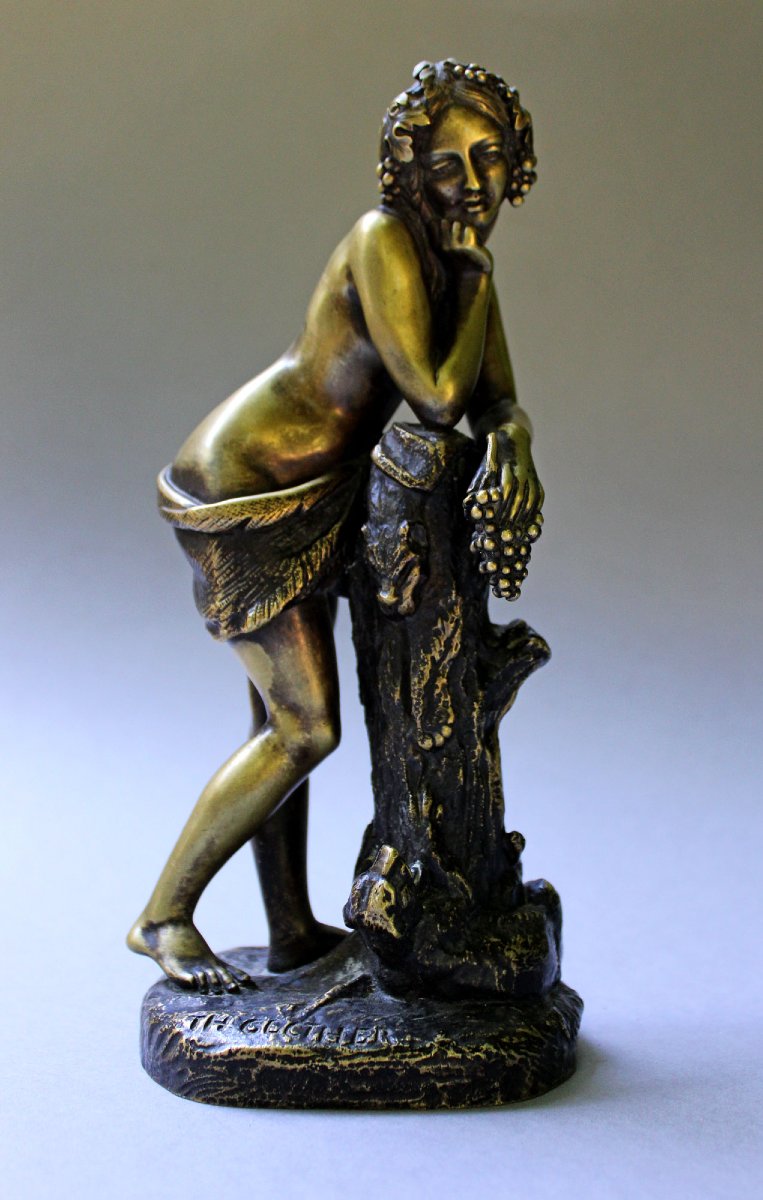 Antique French Bronze Bacchante & Panther, Théodore Gechter, 19th-century Bacchus, Wine, Grapes