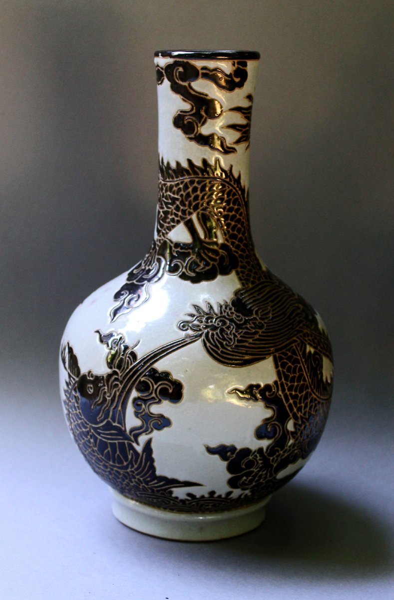 Ancien Vase Vietnamien Bien Hoa En Grès Noir Et Blanc, Dragon Et Carpe, XXe-photo-2