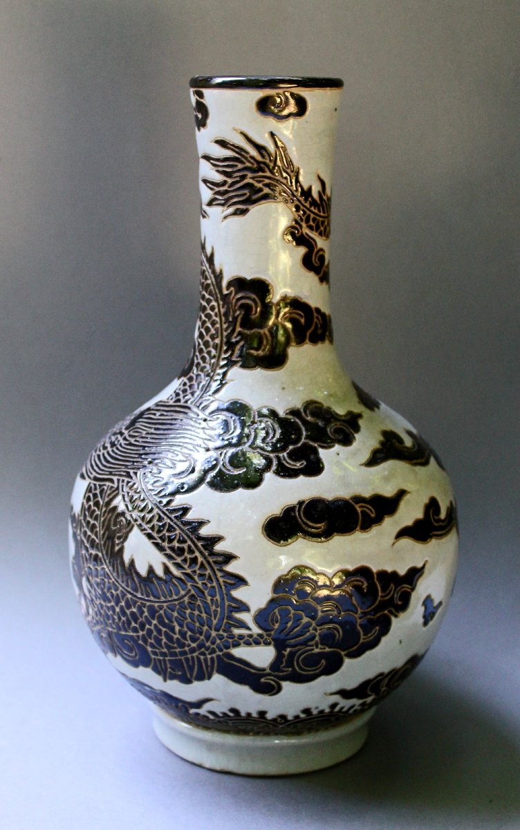 Ancien Vase Vietnamien Bien Hoa En Grès Noir Et Blanc, Dragon Et Carpe, XXe-photo-3