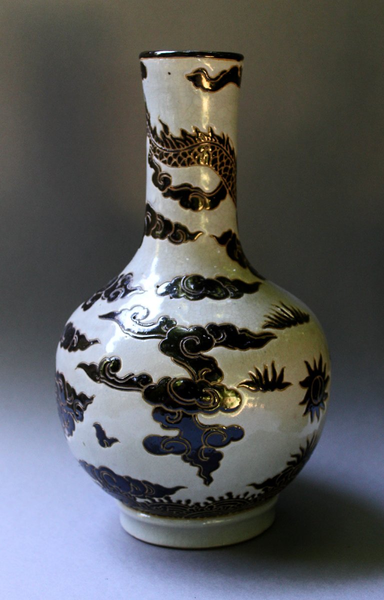 Ancien Vase Vietnamien Bien Hoa En Grès Noir Et Blanc, Dragon Et Carpe, XXe-photo-4