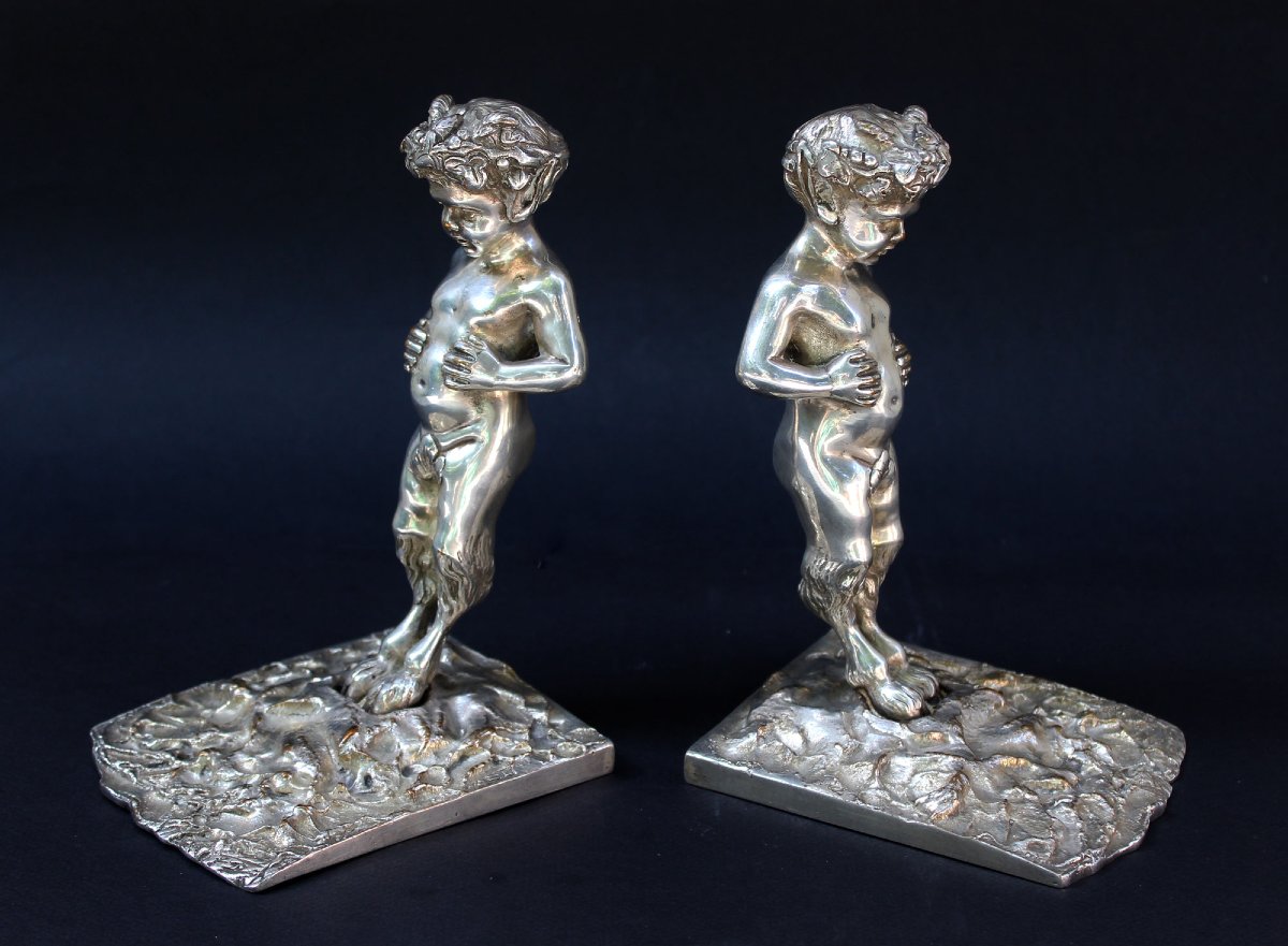 Paire De Serre-livres Anciens En Bronze Argenté, Satyres Faunes, Fin XIXe-photo-3