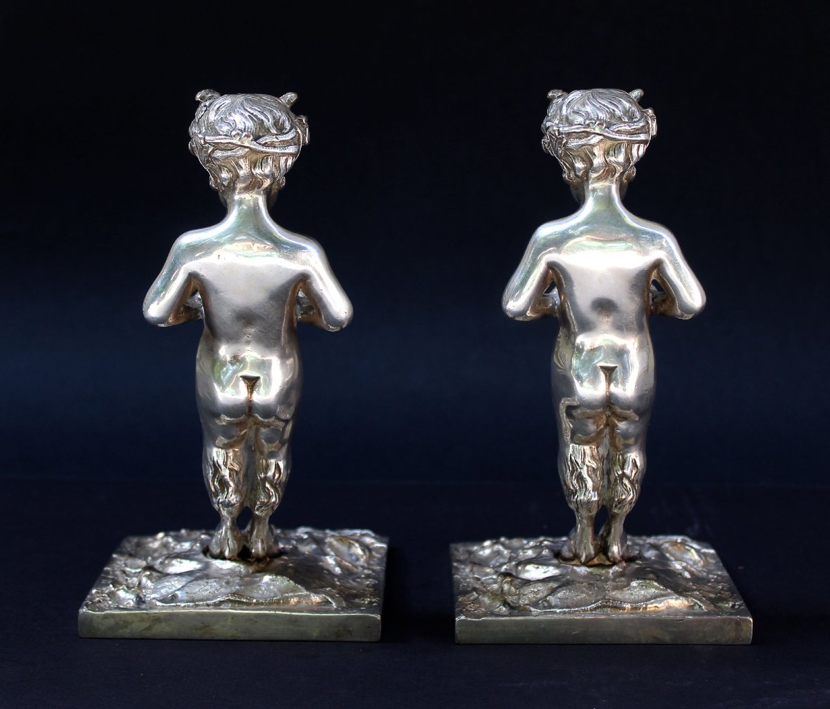 Paire De Serre-livres Anciens En Bronze Argenté, Satyres Faunes, Fin XIXe-photo-4