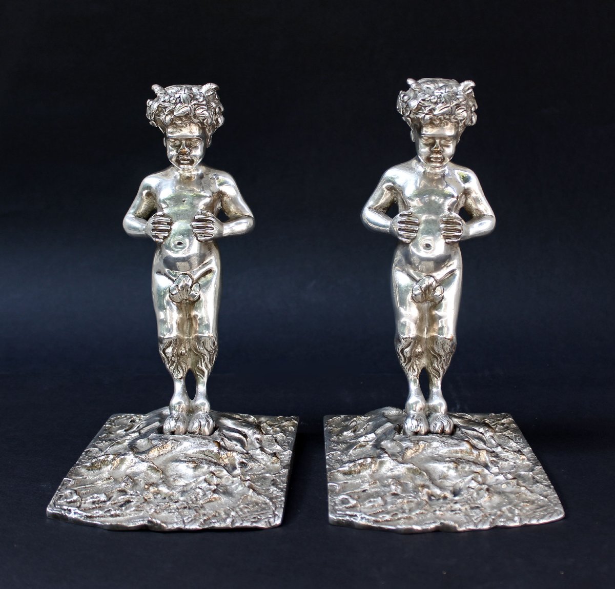 Paire De Serre-livres Anciens En Bronze Argenté, Satyres Faunes, Fin XIXe