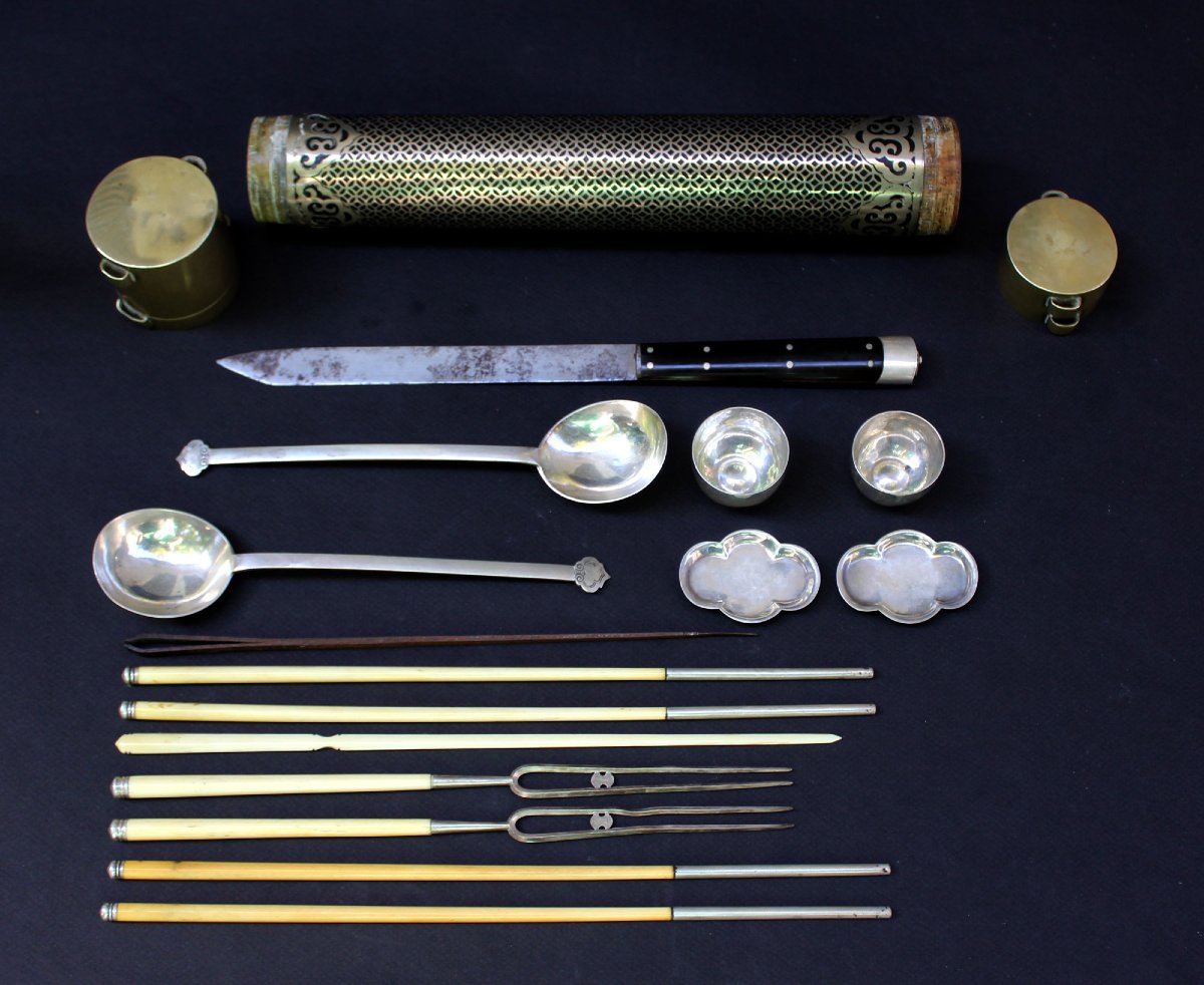 Antique Tibetan Silver, Ivory & Brass Travelling Eating Set, Ruyi, C19th