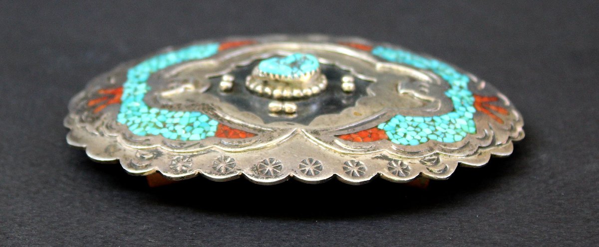 Vintage Navajo Sterling Silver Turquoise Coral Peyote Bird Buckle, Delvin Nelson C1970-photo-3