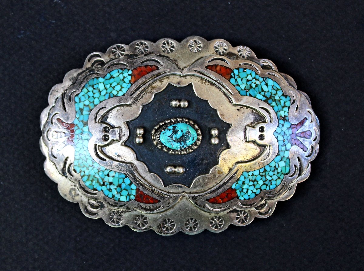 Vintage Navajo Sterling Silver Turquoise Coral Peyote Bird Buckle, Delvin Nelson C1970