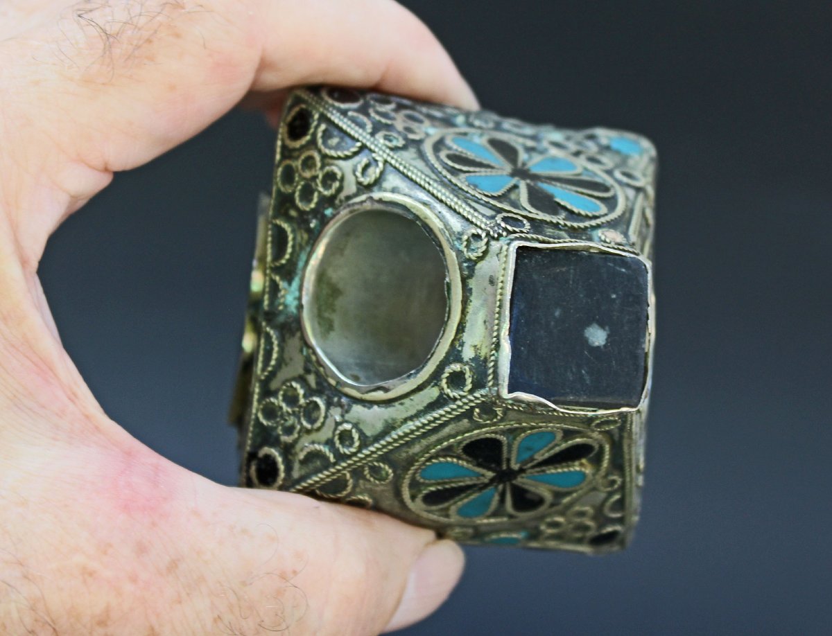Bague Afghane Ancienne, Alliage D’argent, Verre Turquoise Et Intaille Au Cerf, XXe-photo-1