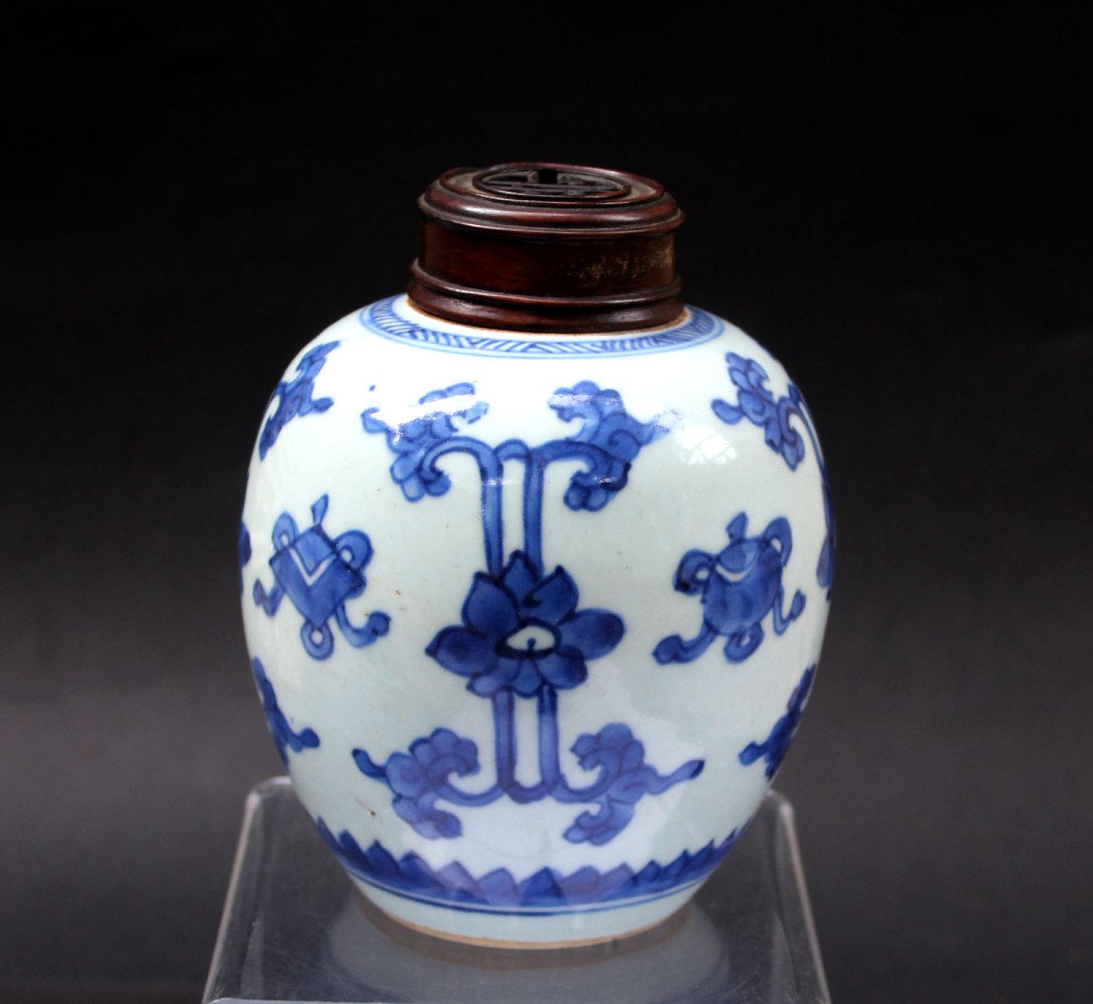 Pot à Gingembre Antique Chinois Kangxi en Porcelaine Bleu et Blanc, Lotus et Objets Bouddhiques-photo-2
