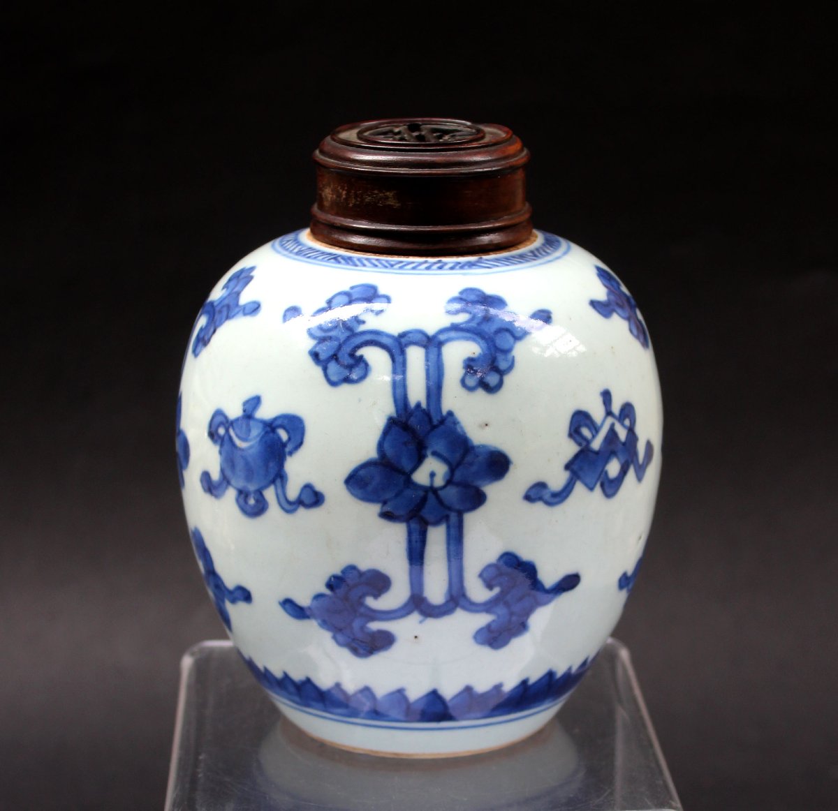Pot à Gingembre Antique Chinois Kangxi en Porcelaine Bleu et Blanc, Lotus et Objets Bouddhiques-photo-3