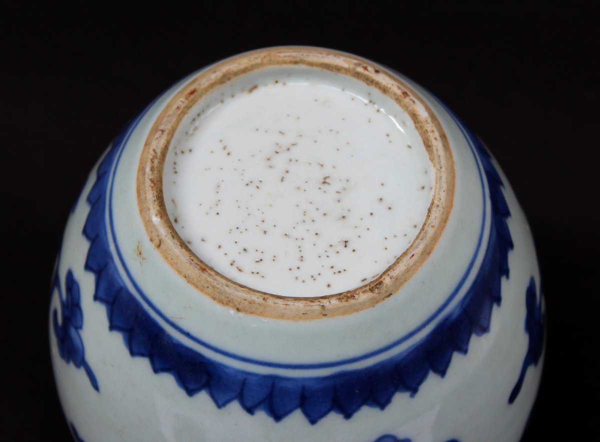 Pot à Gingembre Antique Chinois Kangxi en Porcelaine Bleu et Blanc, Lotus et Objets Bouddhiques-photo-2