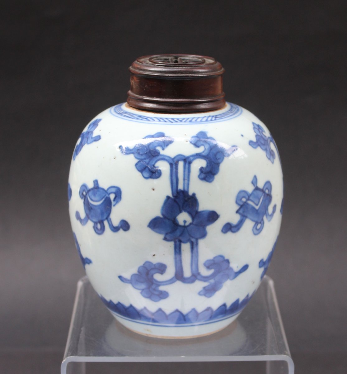 Pot à Gingembre Antique Chinois Kangxi en Porcelaine Bleu et Blanc, Lotus et Objets Bouddhiques