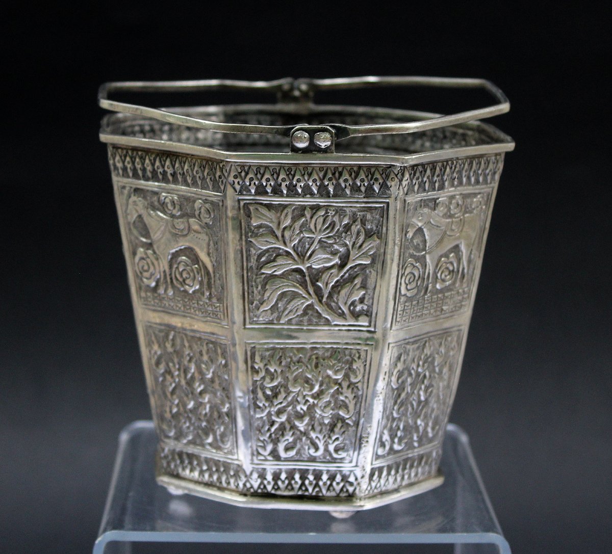Antique Peranakan Straits Chinese Solid Silver Ice Bucket Or Basket, Meihe, C1900-photo-2