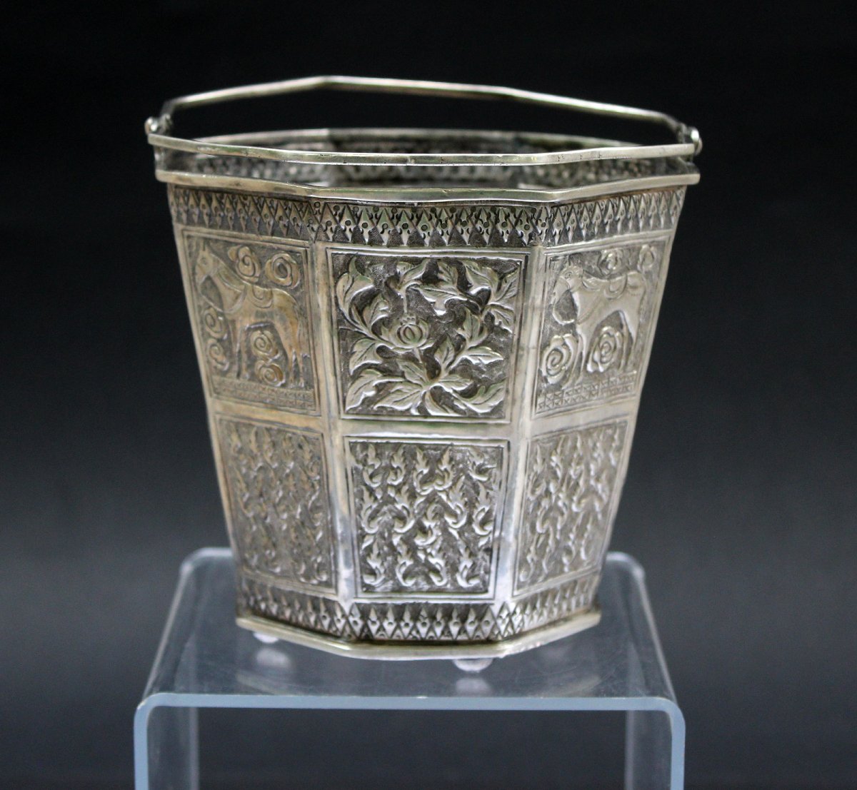 Antique Peranakan Straits Chinese Solid Silver Ice Bucket Or Basket, Meihe, C1900-photo-4