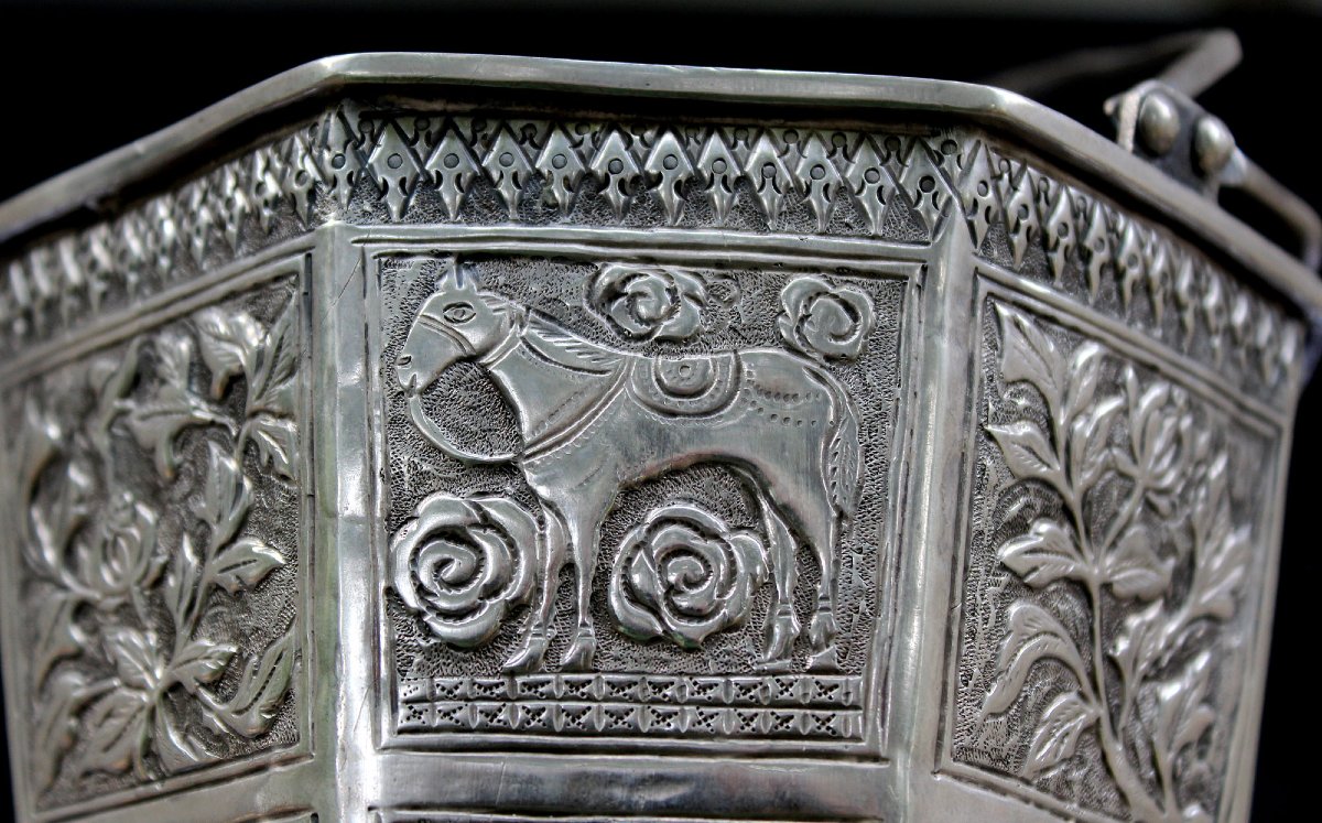 Antique Peranakan Straits Chinese Solid Silver Ice Bucket Or Basket, Meihe, C1900-photo-2