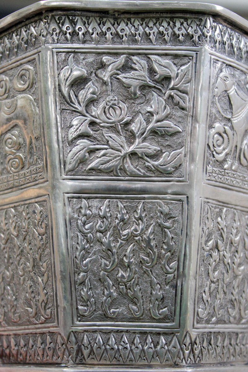 Antique Peranakan Straits Chinese Solid Silver Ice Bucket Or Basket, Meihe, C1900-photo-3