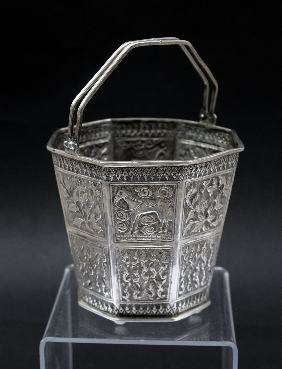 Antique Peranakan Straits Chinese Solid Silver Ice Bucket Or Basket, Meihe, C1900