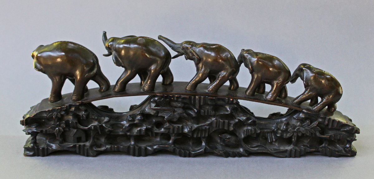 Sculpture Chinoise Ancienne en Bronze, Pont aux Éléphants, Socle en Bois, XIXe Siècle-photo-3