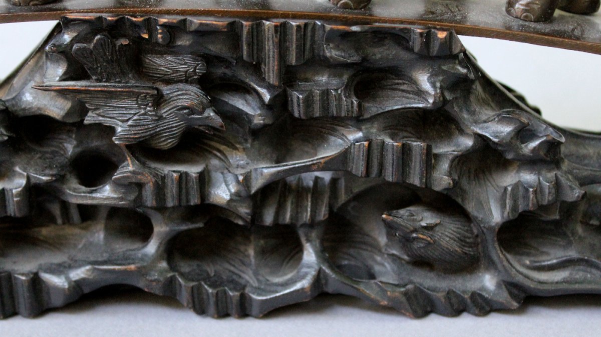 Sculpture Chinoise Ancienne en Bronze, Pont aux Éléphants, Socle en Bois, XIXe Siècle-photo-4