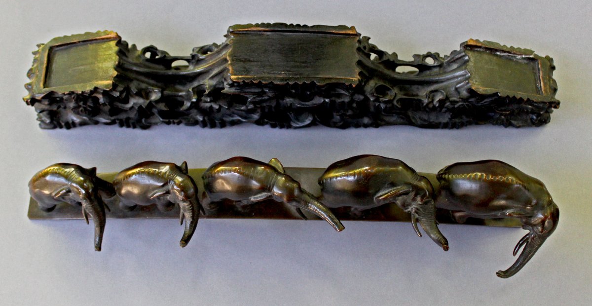 Sculpture Chinoise Ancienne en Bronze, Pont aux Éléphants, Socle en Bois, XIXe Siècle-photo-2