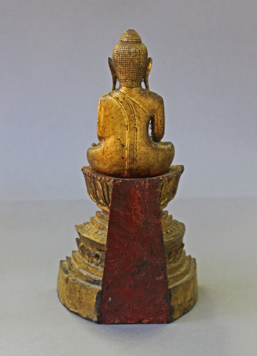 Ancien Bouddha Thaïlandais du Nord en Bois Doré, Début XIXe Siècle ou Antérieur-photo-3